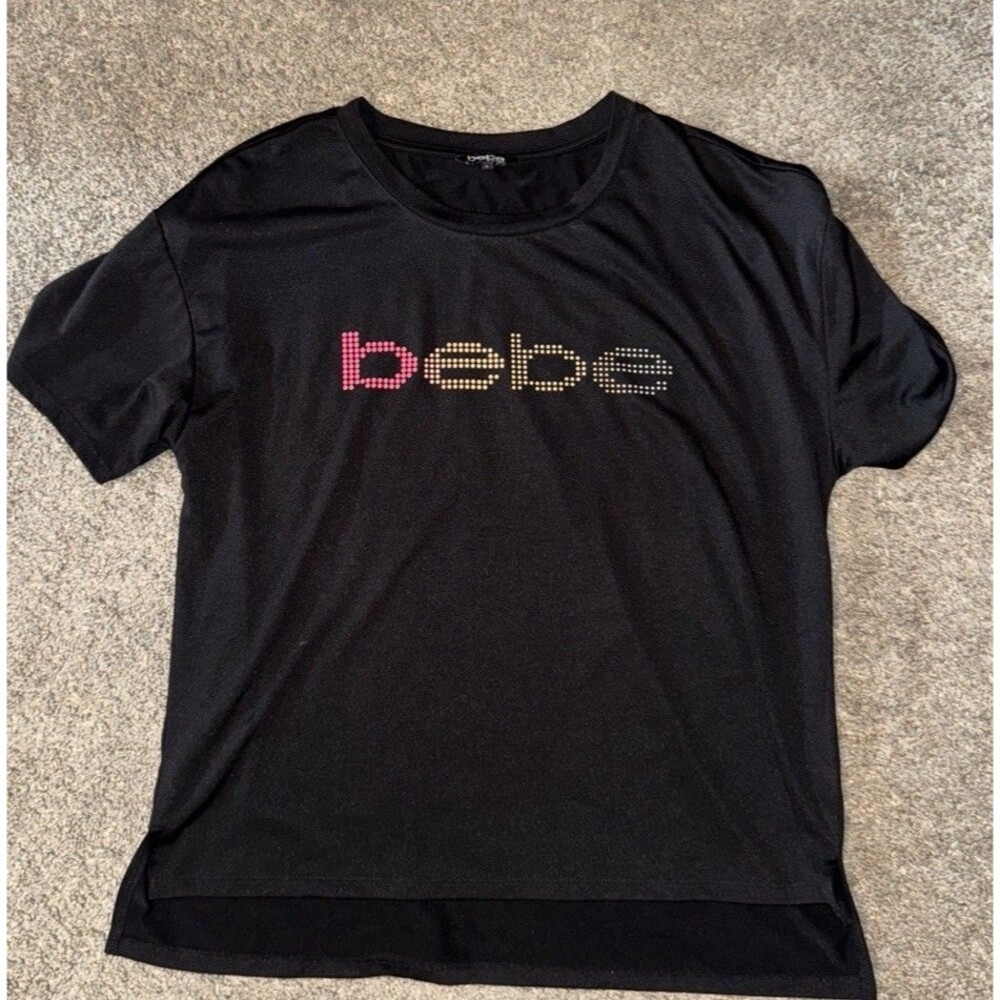 Y2K Bebe Dri fit Shirt Black Spellout Dot Pink Yellow Sport Tee Large Hi Low
